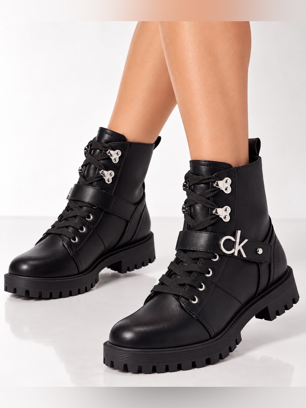 Calvin Klein Black Lace-Up Leather Combat Boots with CK Logo